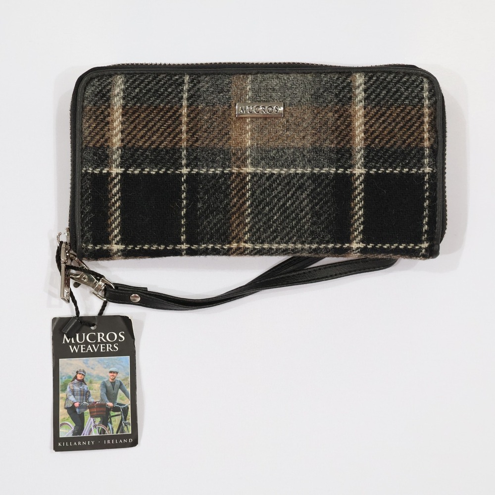 Mucros Weavers Zip Around Wool Wallet Womens OS Black Plaid Tweed Academia NWT
